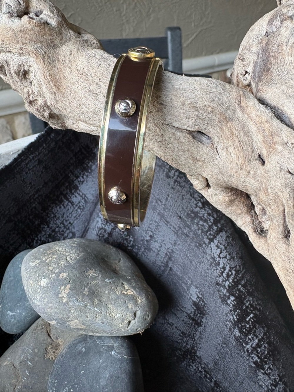 Henri Bendel Bangle Bracelet with Gold-Tone Studs - Brown and gold. - Picture 5 of 6
